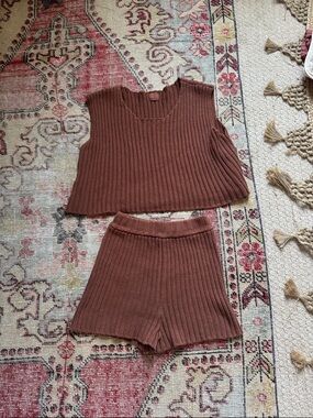 Ribbed Knit Crop Tank & Shorts Set - Rust